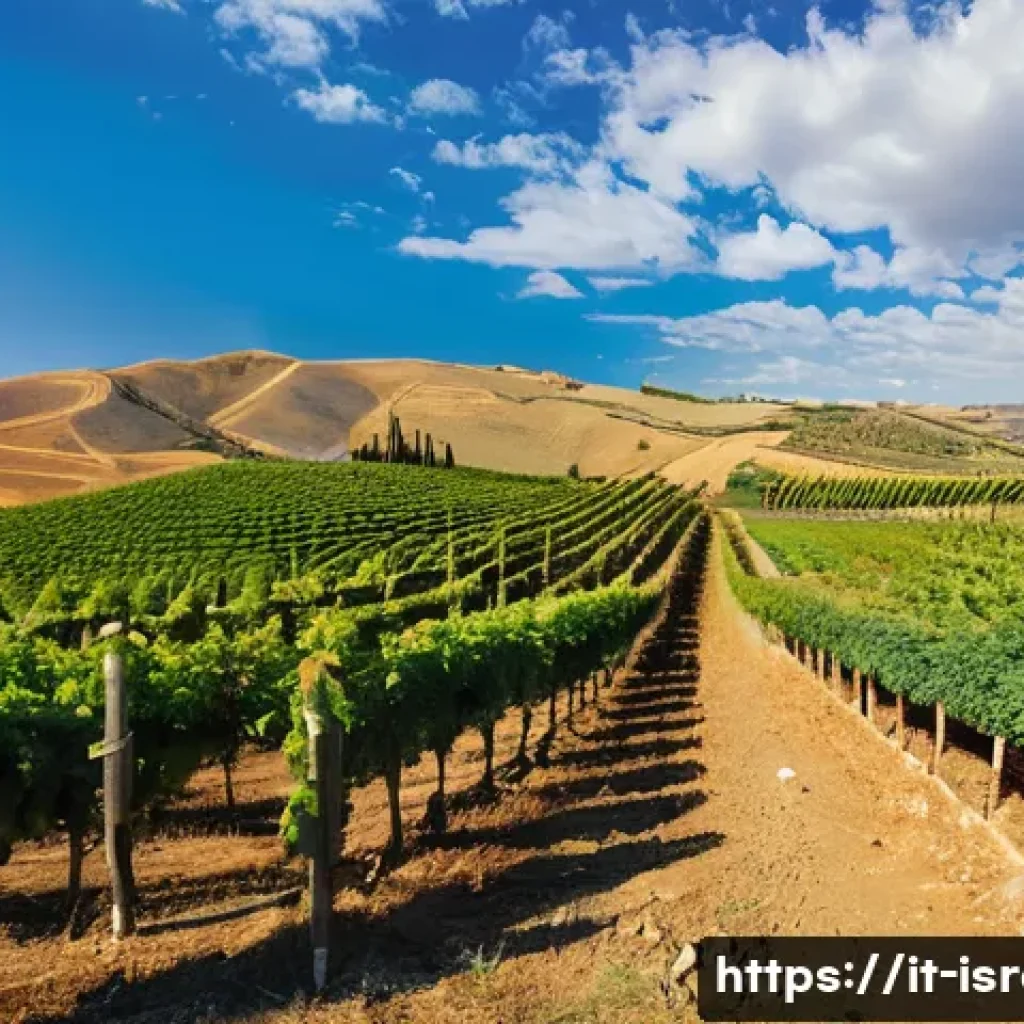 이스라엘의 와이너리 투어 - A panoramic vineyard landscape in the Golan Heights during early autumn, featuring rolling hills wit...