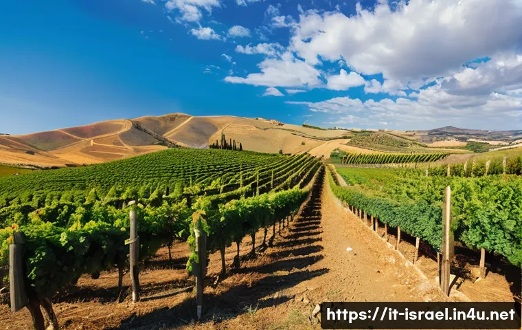 이스라엘의 와이너리 투어 - A panoramic vineyard landscape in the Golan Heights during early autumn, featuring rolling hills wit...