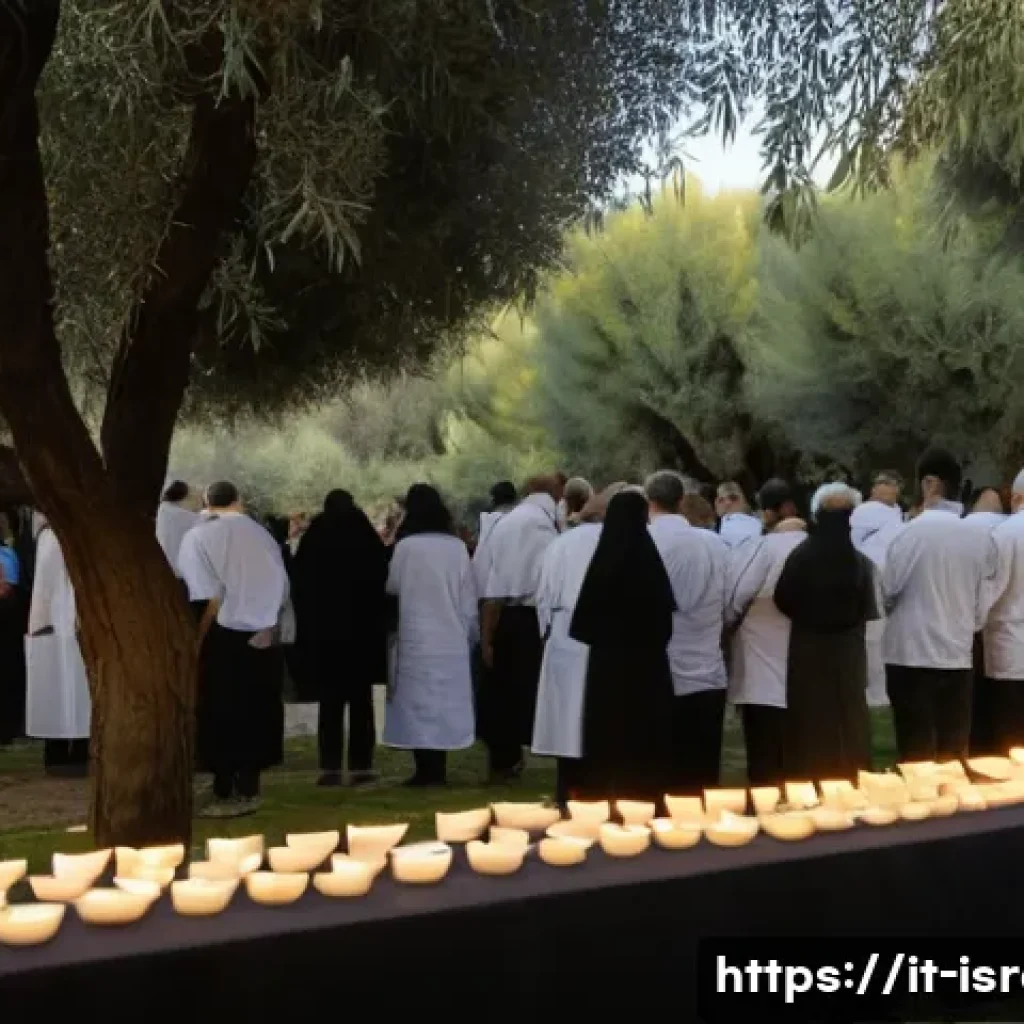 이스라엘 공휴일과 국가적 의미 - A solemn Israeli Holocaust remembrance ceremony at a kibbutz during Yom HaShoah, featuring a diverse...