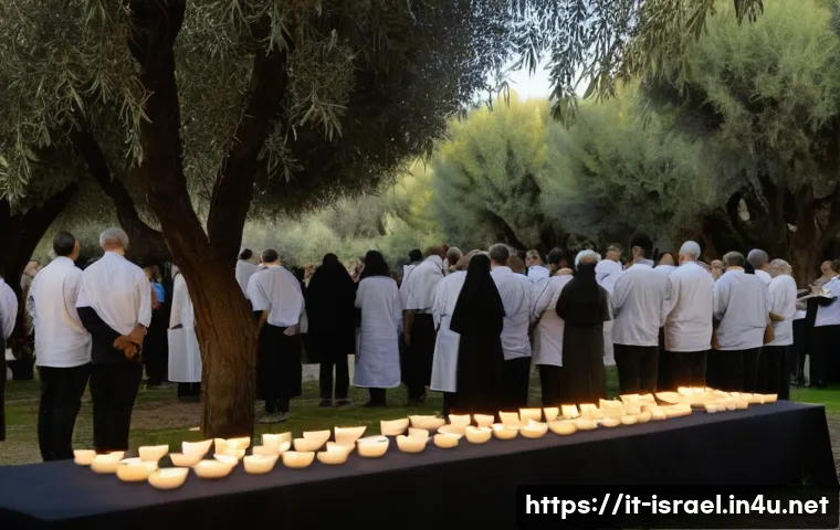 이스라엘 공휴일과 국가적 의미 - A solemn Israeli Holocaust remembrance ceremony at a kibbutz during Yom HaShoah, featuring a diverse...
