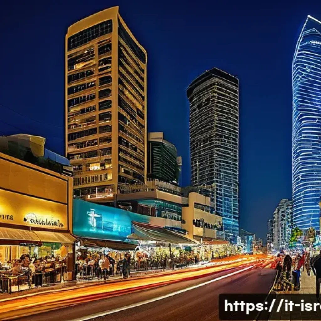 이스라엘에서 제작된 영화와 드라마의 배경 - A bustling modern cityscape of Tel Aviv at dusk, featuring sleek skyscrapers, vibrant street life wi...