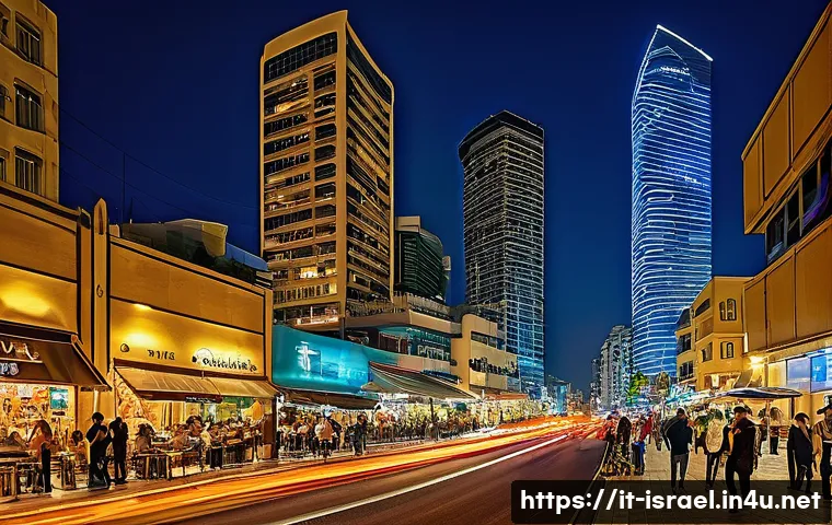 이스라엘에서 제작된 영화와 드라마의 배경 - A bustling modern cityscape of Tel Aviv at dusk, featuring sleek skyscrapers, vibrant street life wi...