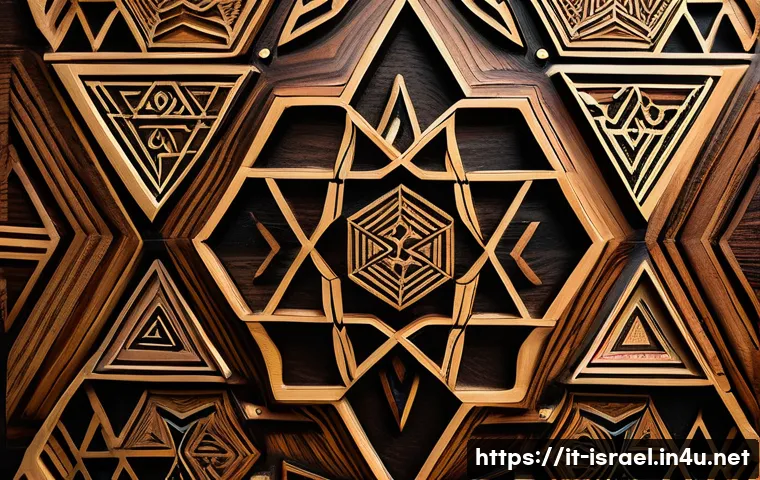 이스라엘의 전통 장식 예술 - A richly detailed handcrafted wooden panel featuring traditional Israeli geometric motifs such as in...