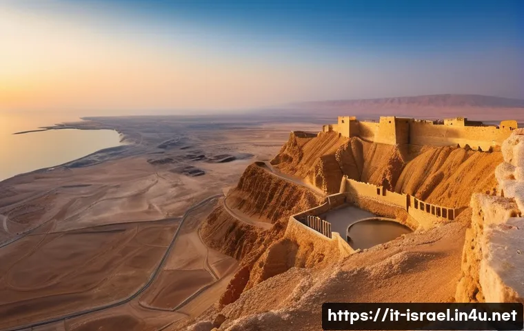 이스라엘 고대 유적지 마사다 - A panoramic view of Masada fortress perched on a rocky plateau overlooking the Dead Sea at sunset, s...