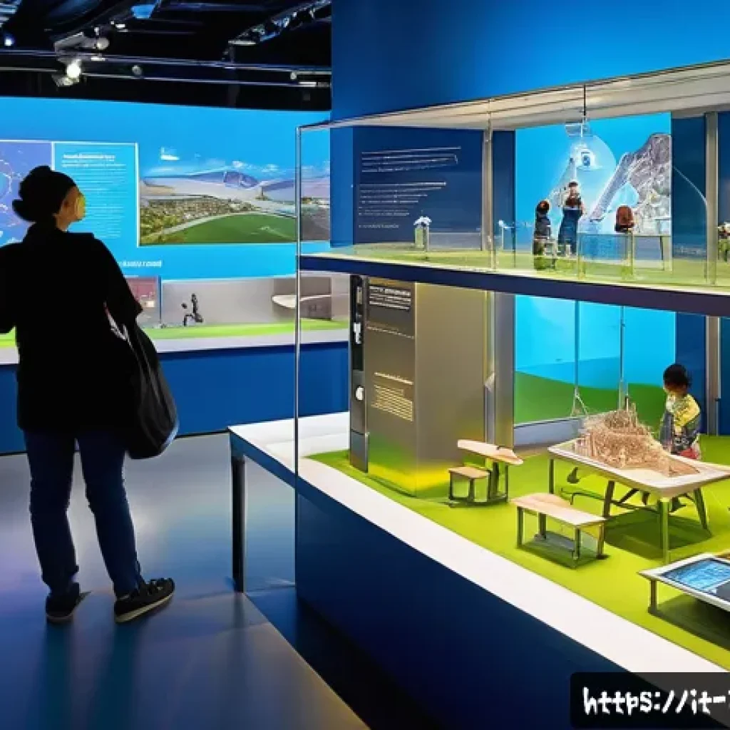 이스라엘의 과학 기술 박물관 - A vibrant science museum interior featuring interactive digital physics and chemistry exhibits, fami...