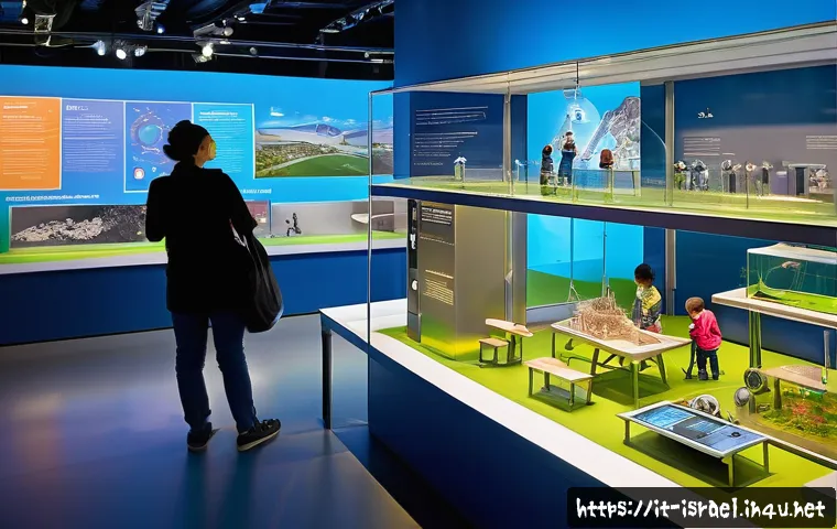 이스라엘의 과학 기술 박물관 - A vibrant science museum interior featuring interactive digital physics and chemistry exhibits, fami...