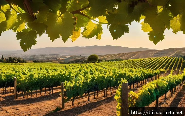 이스라엘에서 즐길 수 있는 와인 시음회 - A panoramic vineyard scene in the Golan Heights during golden hour, featuring rows of lush grapevine...