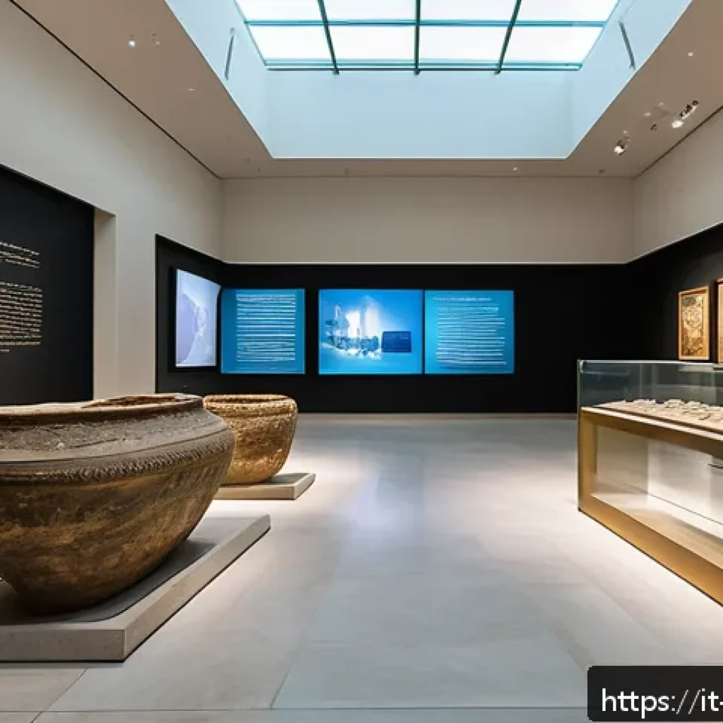 이스라엘 주요 박물관 투어 - A detailed interior view of the Israel Museum in Jerusalem, showcasing a modern, spacious gallery wi...
