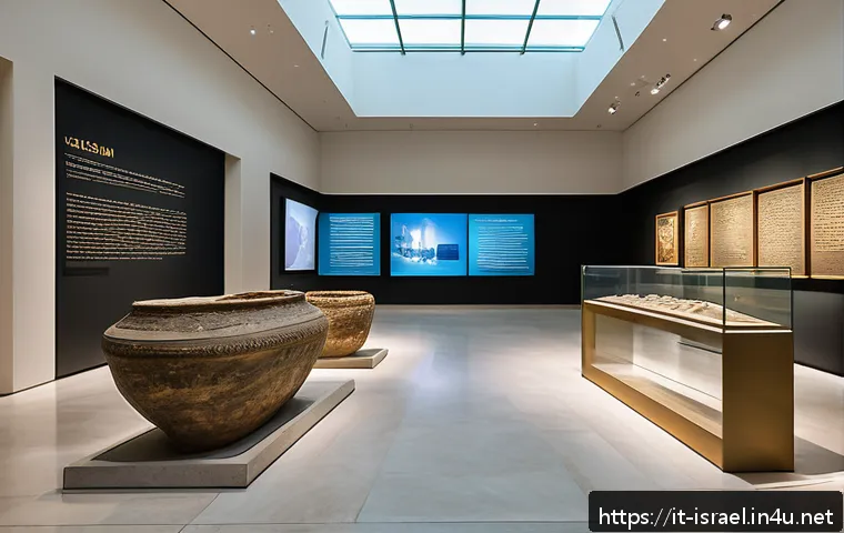 이스라엘 주요 박물관 투어 - A detailed interior view of the Israel Museum in Jerusalem, showcasing a modern, spacious gallery wi...