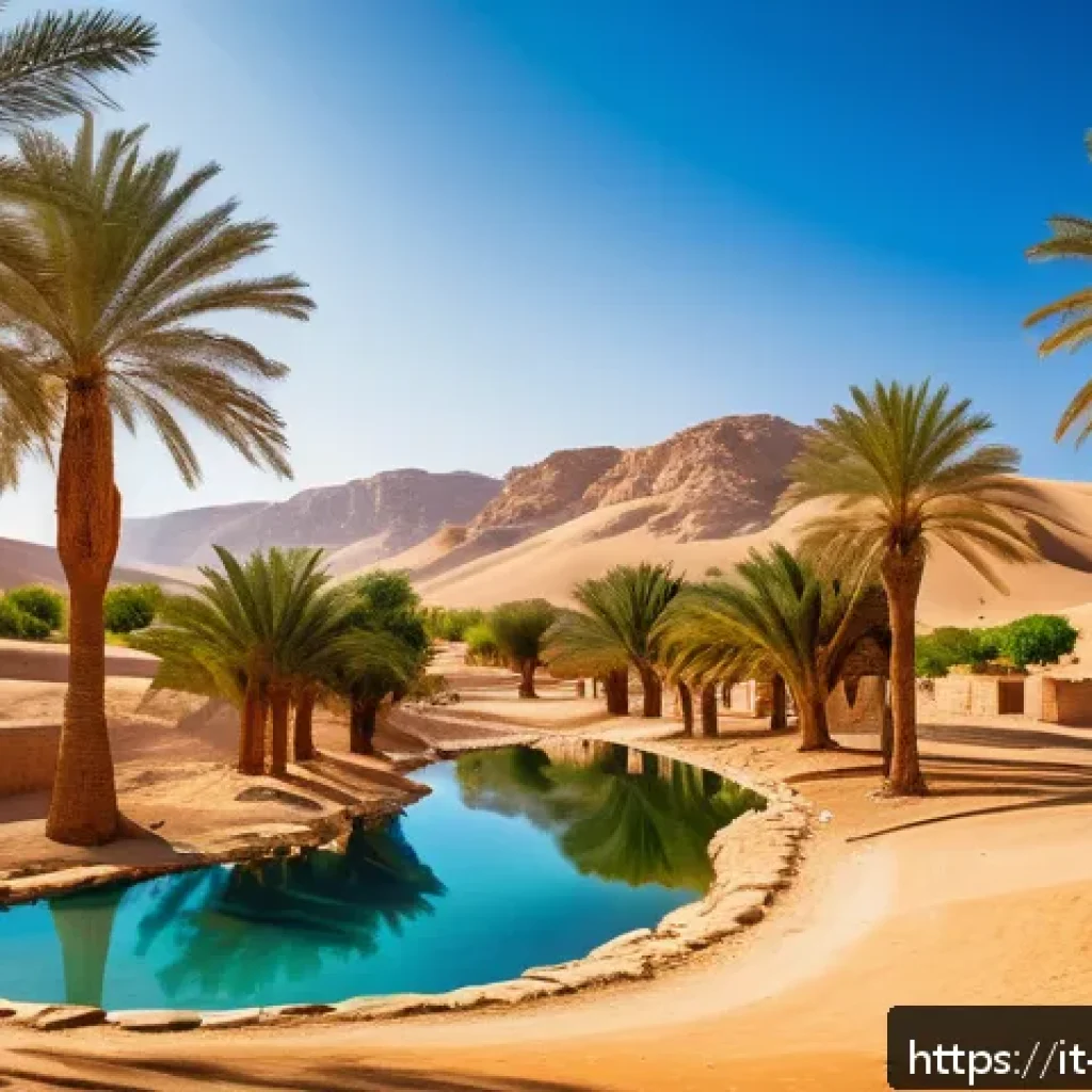 이스라엘의 주요 사막 도시 - A serene desert oasis scene in Israel during golden hour, featuring lush green palm trees surroundin...