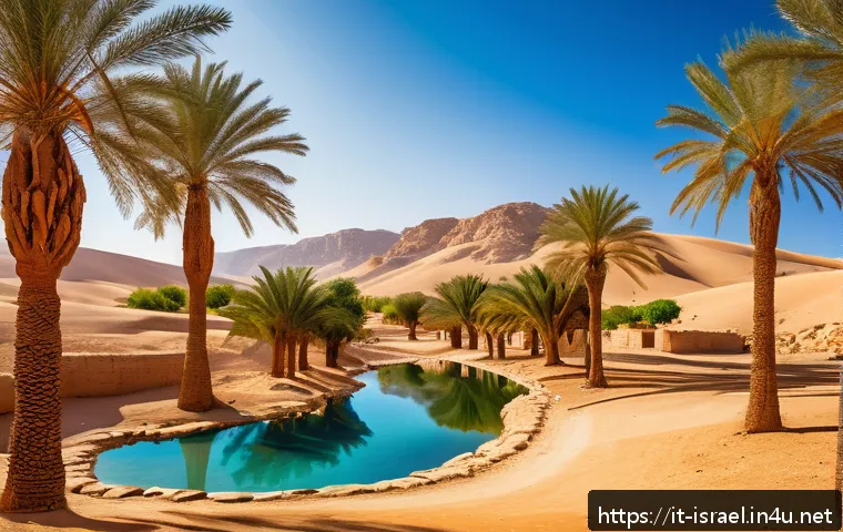 이스라엘의 주요 사막 도시 - A serene desert oasis scene in Israel during golden hour, featuring lush green palm trees surroundin...