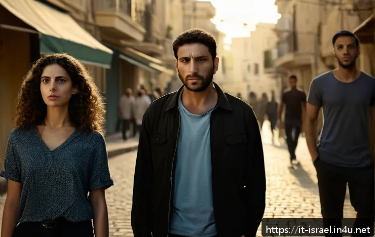 이스라엘의 인기 TV 시리즈 - A dramatic scene from an Israeli thriller series set in a tense urban environment at dusk, featuring...