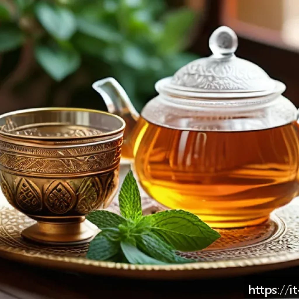 이스라엘 전통 음료와 현대적 조리법 - A vibrant Middle Eastern tea setting featuring a traditional Israeli mint tea served in ornate glass...