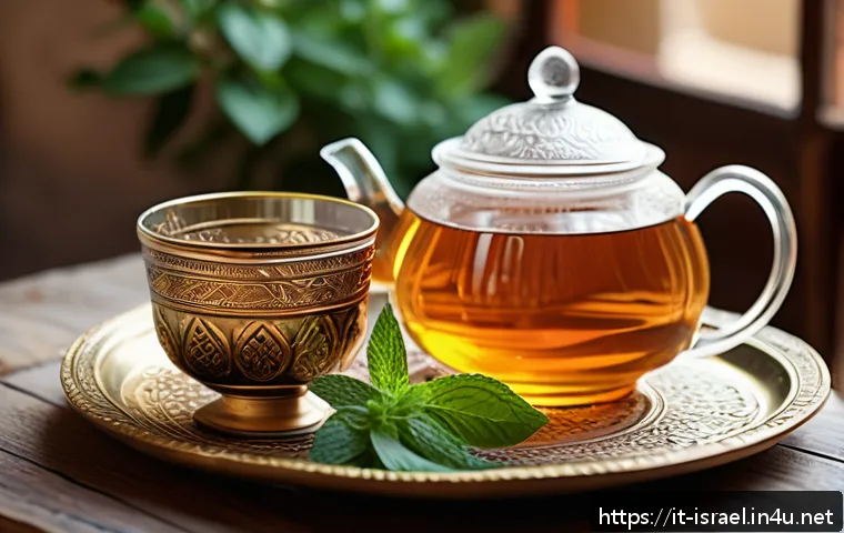 이스라엘 전통 음료와 현대적 조리법 - A vibrant Middle Eastern tea setting featuring a traditional Israeli mint tea served in ornate glass...