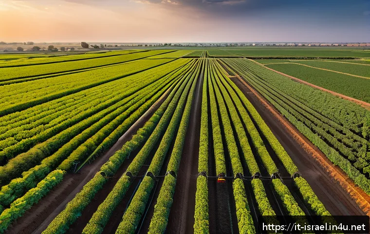 이스라엘에서의 주요 수출 산업 - A high-tech Israeli agricultural farm scene at sunset, featuring advanced drip irrigation systems wi...