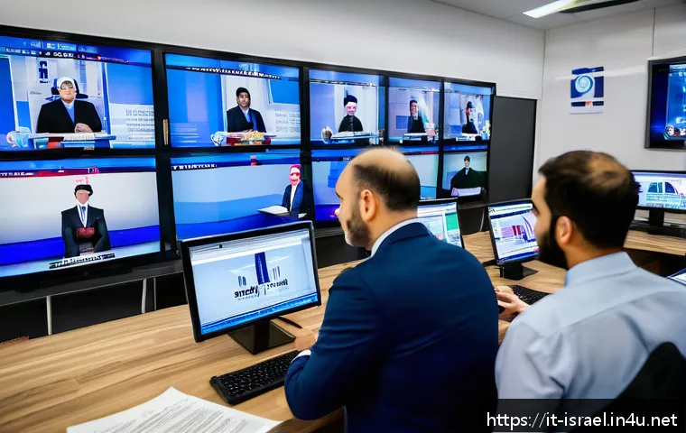 이스라엘 주요 신문 기사 읽는 법 - A modern newsroom interior showing diverse Israeli journalists at work, including men and women wear...