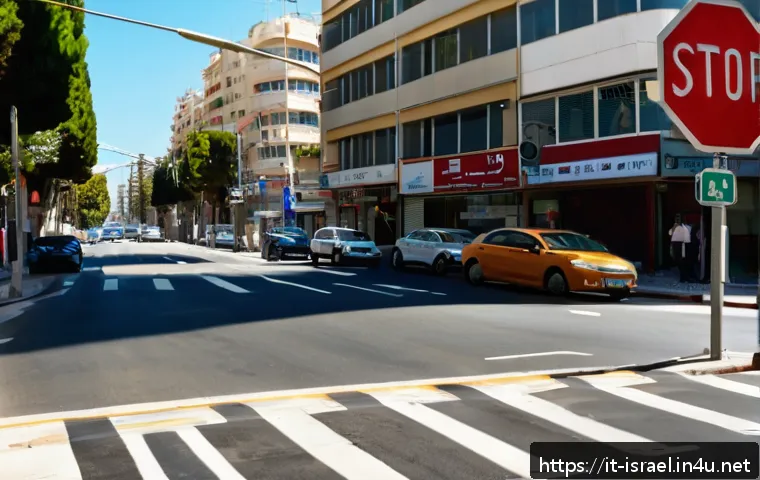 이스라엘에서의 도로 표지판 읽는 법 - A detailed urban street scene in Israel showcasing a bright red octagonal stop sign with the Hebrew ...