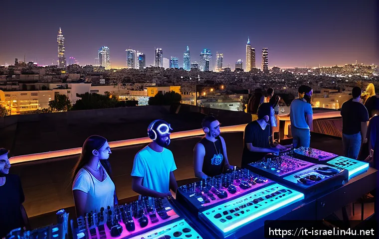 이스라엘의 밤문화 트렌드 - A vibrant electronic music festival scene in Tel Aviv at night, featuring a diverse crowd enjoying a...