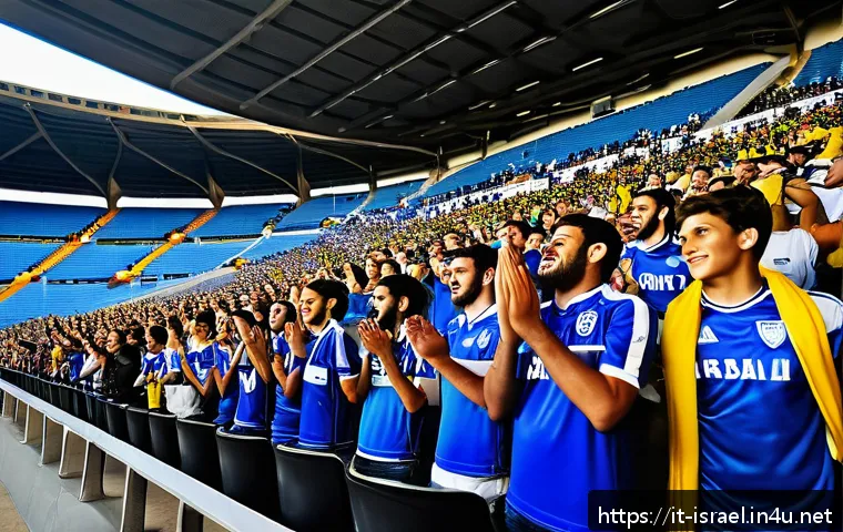 이스라엘의 주요 스포츠  축구 농구 - A vibrant scene inside a modern Israeli sports stadium filled with diverse enthusiastic fans of all ...