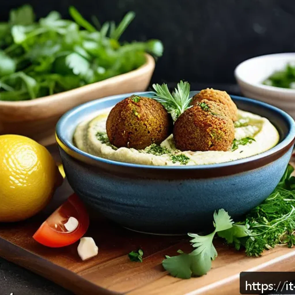이스라엘 요리 교실 - A vibrant Israeli kitchen scene featuring a rustic wooden table set with traditional dishes: a cream...