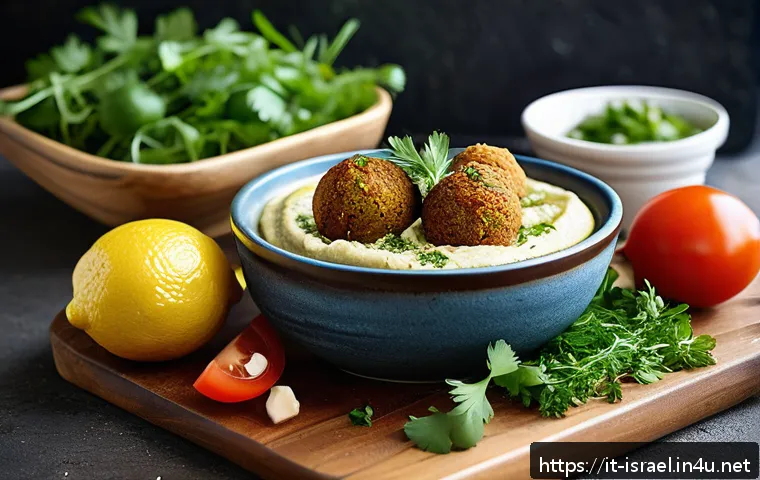 이스라엘 요리 교실 - A vibrant Israeli kitchen scene featuring a rustic wooden table set with traditional dishes: a cream...