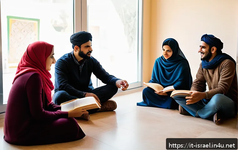 이스라엘과 팔레스타인의 차별된 언어 문화 - A diverse group of people from Middle Eastern backgrounds engaged in a warm intercultural dialogue i...