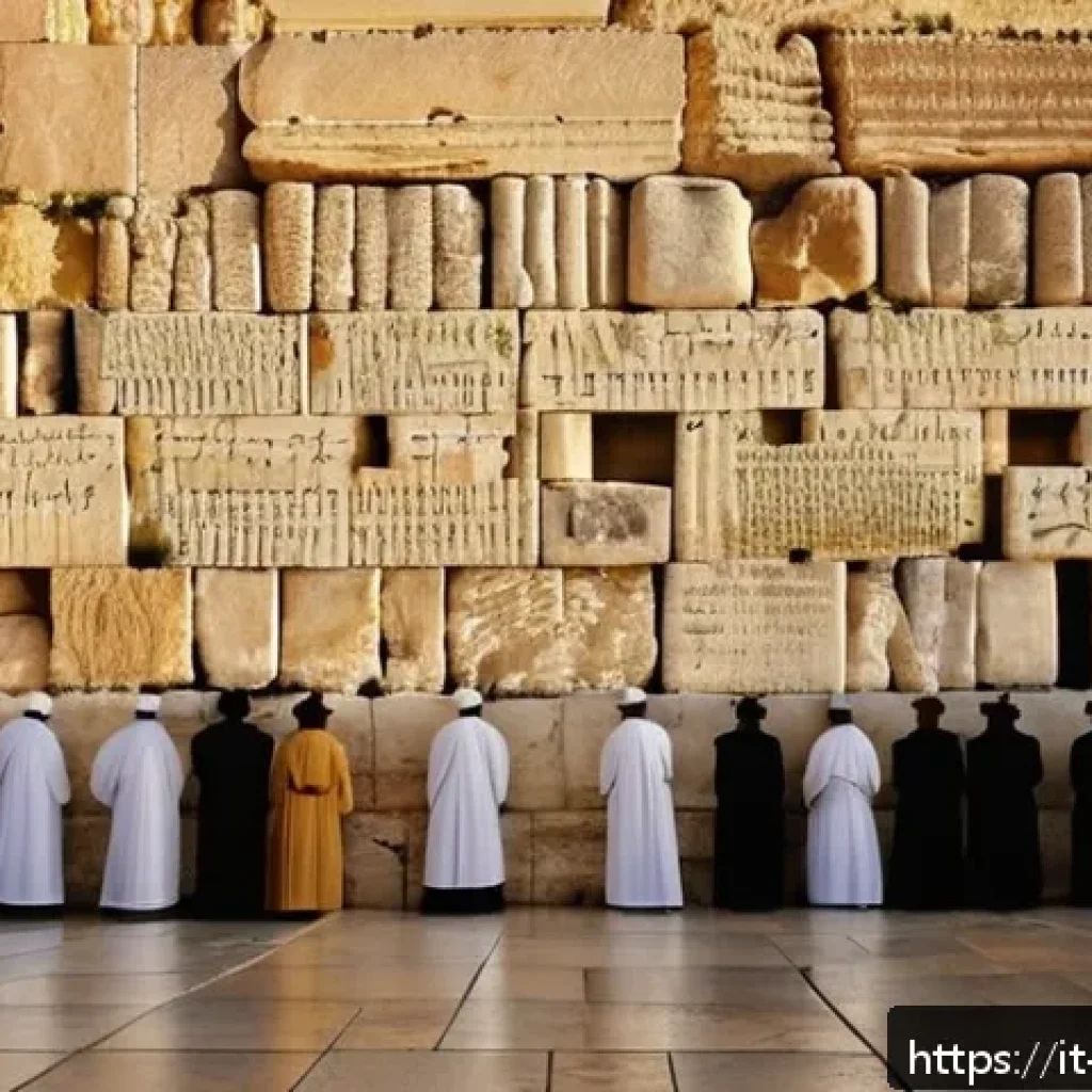 이스라엘 역사 투어 가이드 - A detailed, atmospheric image of the Western Wall (Kotel) in Jerusalem at sunset, showing the ancien...