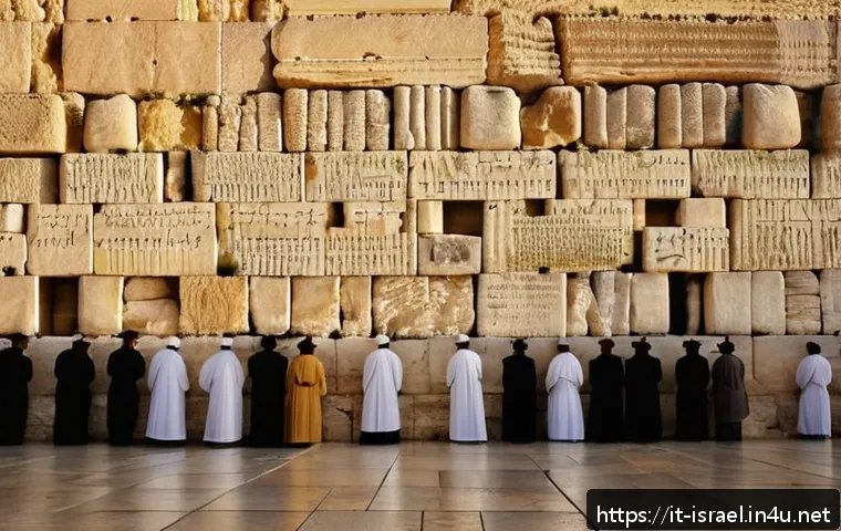 이스라엘 역사 투어 가이드 - A detailed, atmospheric image of the Western Wall (Kotel) in Jerusalem at sunset, showing the ancien...