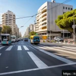 Home 22 이스라엘의 교통 규칙 - A detailed urban Israeli street scene during daylight, showcasing a busy intersection in Tel Aviv wi...