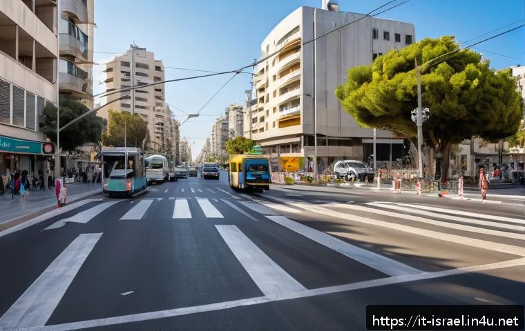 이스라엘의 교통 규칙 - A detailed urban Israeli street scene during daylight, showcasing a busy intersection in Tel Aviv wi...