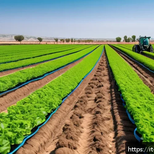 Home 33 이스라엘의 농업 혁신 박람회 - A high-tech Israeli farm scene showcasing advanced micro-irrigation systems with soil moisture and t...