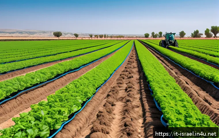 이스라엘의 농업 혁신 박람회 - A high-tech Israeli farm scene showcasing advanced micro-irrigation systems with soil moisture and t...