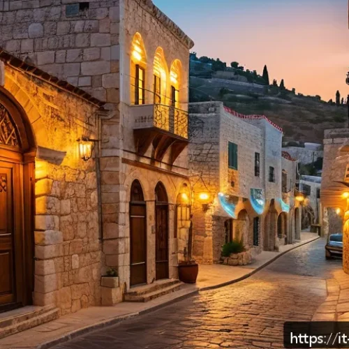 Home 32 이스라엘 관광에서의 주요 주제 - A mystical sunset scene in Safed, Israel, featuring narrow ancient stone streets bathed in warm gold...