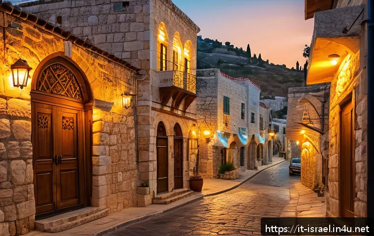 이스라엘 관광에서의 주요 주제 - A mystical sunset scene in Safed, Israel, featuring narrow ancient stone streets bathed in warm gold...