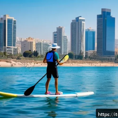 Home 31 이스라엘에서의 해양 스포츠 - A serene scene of a young adult wearing a life jacket paddleboarding on calm Mediterranean waters ne...