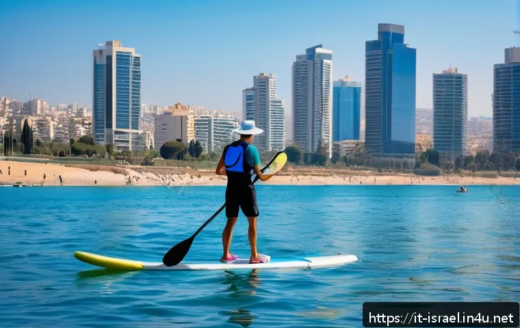 이스라엘에서의 해양 스포츠 - A serene scene of a young adult wearing a life jacket paddleboarding on calm Mediterranean waters ne...