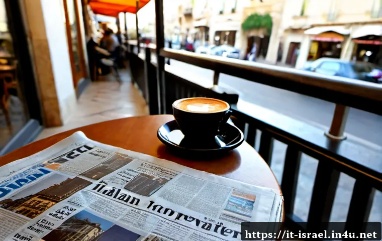 Home 30 이스라엘에서 자주 나오는 신문 및 언론사 - Photorealistic morning news scene in Tel Aviv, an Italian traveler seated at a bright café terrace w...