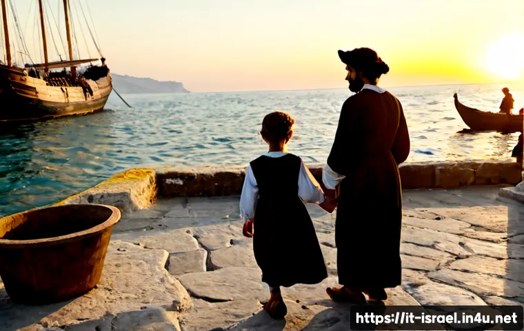Home 17 이스라엘의 유대인 디아스포라 역사 - Photorealistic historical scene of a Jewish family arriving at a Mediterranean port in ancient Italy...
