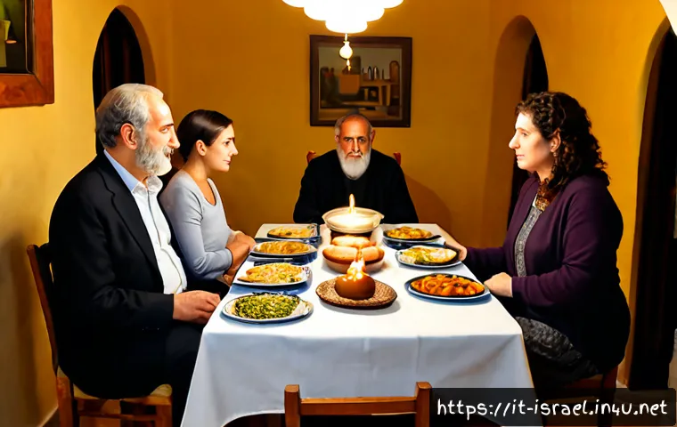 이스라엘의 전통 신앙 체계 - Photorealistic Jewish family observing Shabbat in a warm Mediterranean home, grandparents, parents, ...