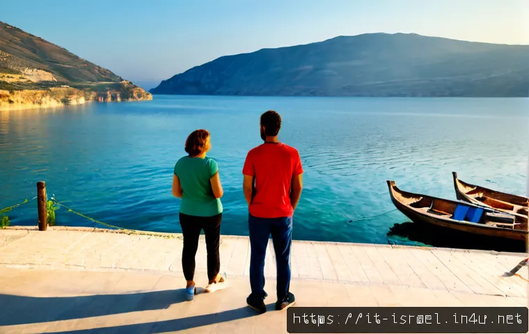 갈릴리 호수 지역 여행 - Photorealistic sunrise view of the Sea of Galilee from a peaceful lakeside promenade, a couple of It...