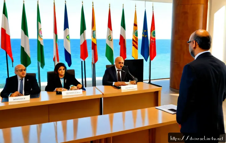 이스라엘 중동 다른 국가 간 관계 - Photorealistic diplomatic roundtable in a modern Mediterranean conference hall, diverse Middle Easte...